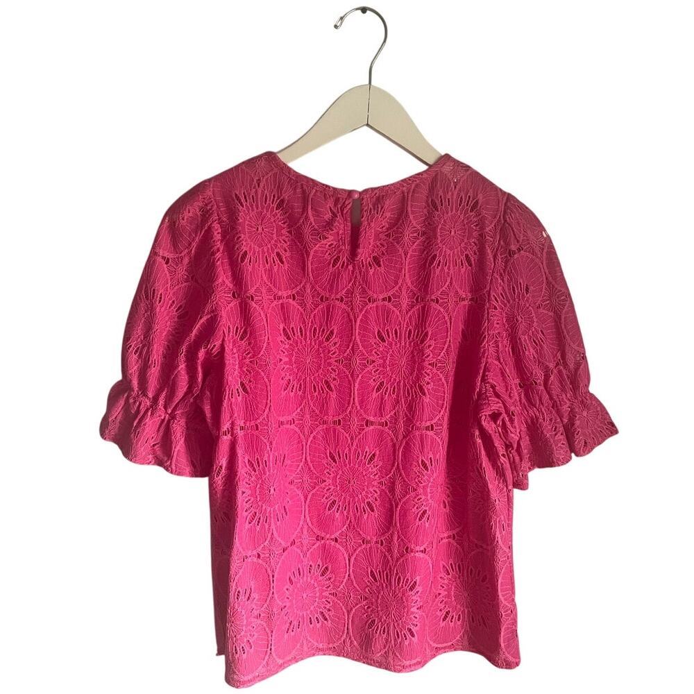 Luxveer Pink Eyelet Floral Blouse Office Work Shirt size Large Ruffle Sleeves - Picture 5 of 5